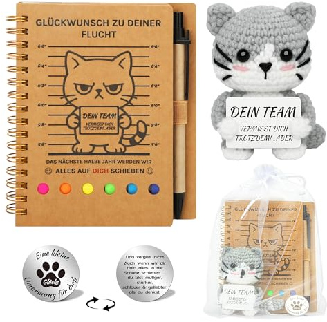 EccoCove Abschiedsgeschenk Kollegen Jobwechsel – 4-teiliges Set mit Notizbuch, Stift, Häkelkatze & Glücksmünze – Abschied Kollegin Kollege, Kleine Geschenke für Kollegen, Ruhestand, Neuer Job