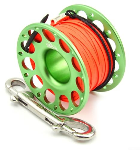 Jotekonoby Carrete de buceo de 15 m o 30 m con carrete de aleación de aluminio y conector giratorio de acero inoxidable, carrete de línea de buceo compacto con doble gancho para bajo el agua (30 m