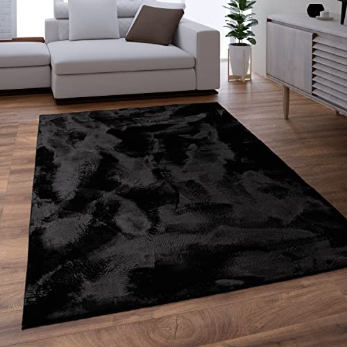 Paco Home Teppich Wohnzimmer Schlafzimmer Kunstfell Shaggy Hochflor Flauschig Soft Einfarbig Schwarz, Grösse:200x280 cm