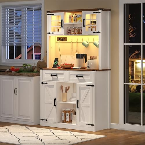 BTM Armoire de Bar avec LED, Grand Buffet de Cuisine à Tiroirs avec Plan de Travail, Table de Café et Vaisselier, Blanc