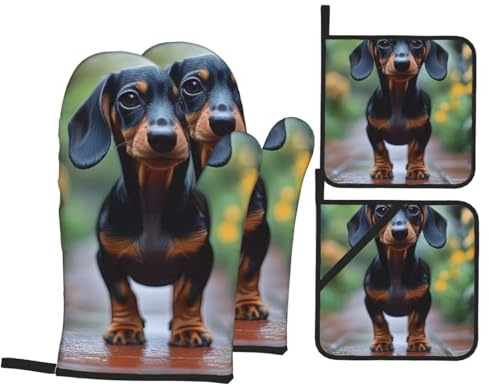 Set di 4 guanti da forno e presine a forma di cane bassotto, resistenti al calore, impermeabili, guanti da cucina, cuscinetti caldi con tasca