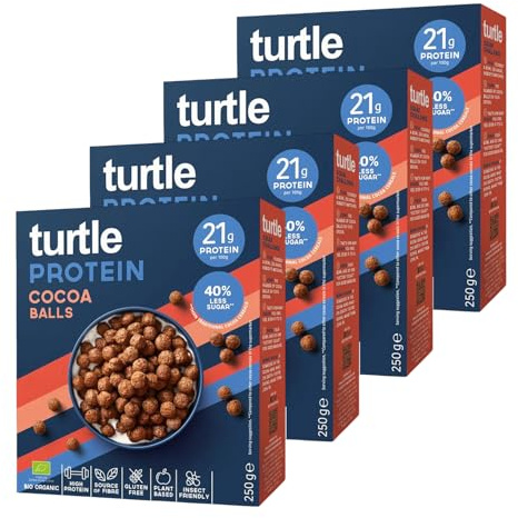 Turtle Cereal – High Protein Cocoa Balls – 21g Protein Gluten Free Cereal 250g (Pack of 4) | 40% Less Sugar, High Fibre 8.4g, Organic, Plant Based, No Oats | Better Breakfast