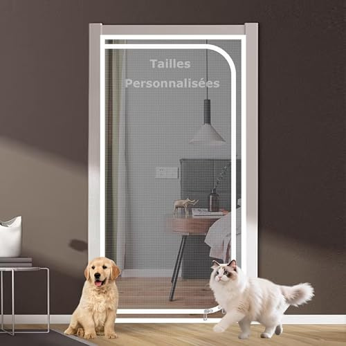 DUOLEH Moustiquaire de Porte Personnalisable Porte Moustiquaire pour Chat | Tailles Personnalisées, Rideau Anti Moustique Résistant à Griffes de Chat, Filet Renforcé, Fermeture Éclair, Ruban Adhésif
