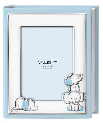 Album Fotografico Azzurro per la Nascita o il Battesimo di un Bambino in Ecopelle Azzurra con Cornice Personalizzabile con Tre Elefantini