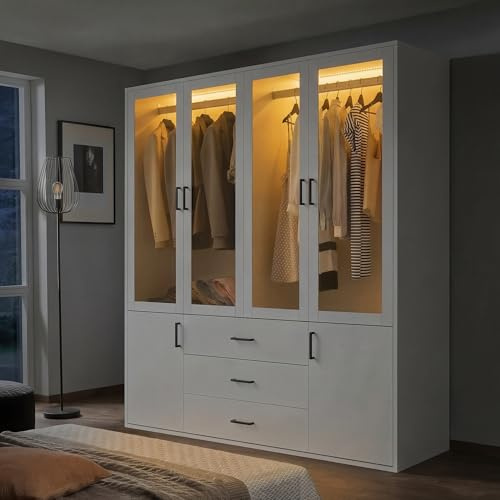 BLSYHDH Klädskåp med LED-belysning, mångsidig svängdörrskåp med 4 dörrar av härdat glas, glasgarderob med klädställning, garderob med 3 lådor och 2 skåp (4 dörrar-A)