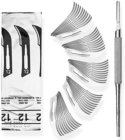 Set avec 50 x lames de scalpel N° 12 - Lame stérile en acier au carbone et 1 x May - manche de scalpel Figure N°3 avec manche rond en acier inoxydable