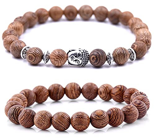 Lion & Son Holz-Perlen Armband Herren Buddha-Armreifen Damen-Armschmuck Gladiator Helm Wood Hamsa Skull Hantel Fitness Bracelet Hand gebunden Armreif Surfer Wasserfest