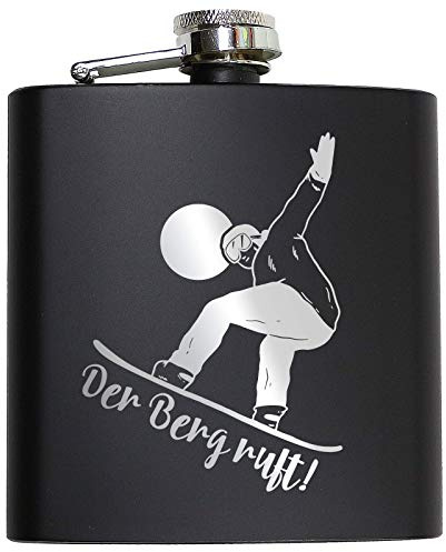 Pixelstudio Flachmann mit Gravur Lustige Sprüche Berge Wandern Bergsteigen Après-Ski Skifahren Geschenk Schwarz - Snowboarder