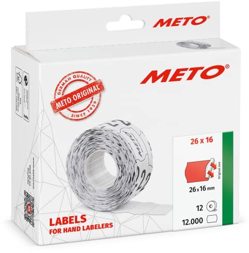 Meto Etiketten für Handauszeichner (26 x 16 mm, 2-zeilig, 12.000 Stück, fluor rot, permanent haftend, für METO, Contact, Sato, Avery, Tovel, Samark etc.)