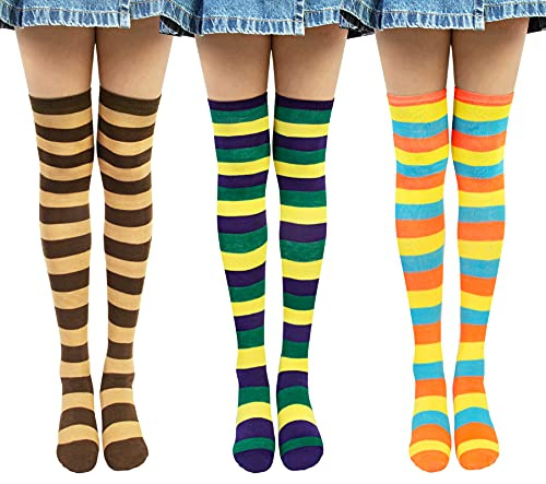 Chalier Cozy 3 par randiga knästrumpor Overknee strumpor dam långa randiga strumpor Thigh High Socks benvärmare lårstrumpor för flickor lila röd svart en storlek, Orange grön khaki, one size