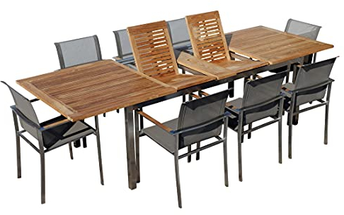 ASS ALEOS. Gartengarnitur Edelstahl Teak Holz A-Grade Batyline Set Ausziehtisch 200-240-280 x 100 cm + 8 Sessel mit Batyline Bespannung Serie Kuba-BRAUN Gastroqualität