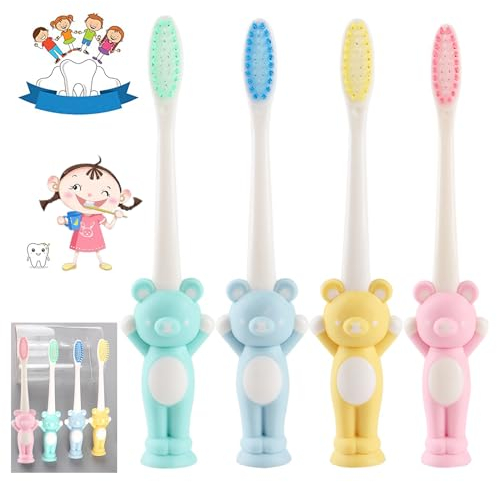 4 Pezzi Spazzolino da denti per bambini, Bambini Manuale Spazzolino, spazzolino morbido, Su Ventosa in Setole Morbide per una Conservazione Facile e Divertente（Giallo, blu, marrone, verde）