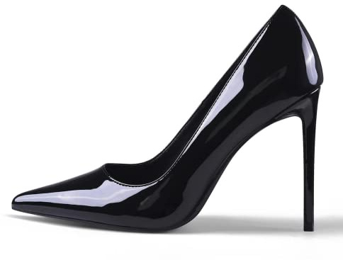 GENSHUO Womens Stiletto Court Shoes 10CM Sexy Slip On Pointed Toe Patent High Heels for Party Prom Wedding Stiletto Heels Black Size 8.5 UK