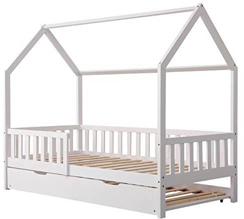 Happy Garden Cama de 190 x 90 cm, Color Blanco Martillo, Marco de Cama de Madera Maciza de Pino con somier de láminas, barrotes de Seguridad y Cama Nido