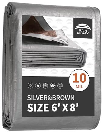 RAINDEWAY 6x8 Feet Tarps Heavy Duty Waterproof,10Mil Thick Multipurpose Poly Small Tarp Cover with Metal Grommets and Reinforced Edges,Silver/Brown Tarp