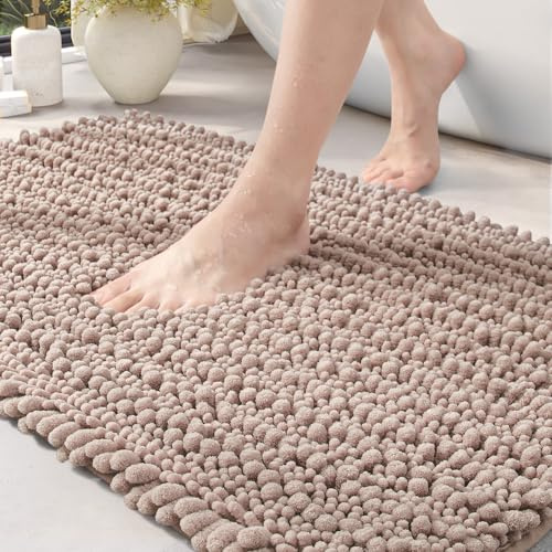 DEXI Badezimmerteppich 50 x 80 cm,Chenille Badematte rutschfest,weicher Badvorleger Maschinenwaschbar,Super absorbierend Badteppich für Badewanne,Dusche und Badezimmer, Beige