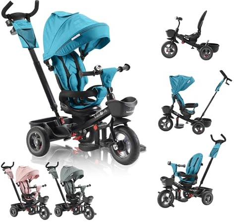 FableKids 5-i-1 trehjulig cykel Noemi med bygel från 18 månader upp till 25 kg, framåt och bakåt, PU-däck, frihjul rymligare, korg, väska, mugghållare - Turkos
