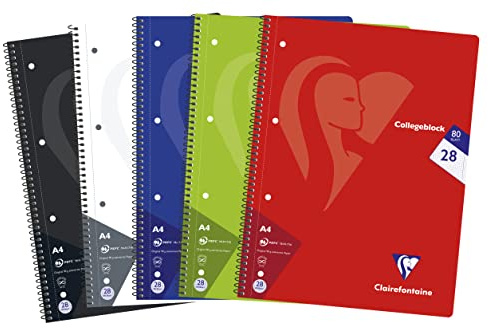 Clairefontaine 307228C - Packung mit 5 Heften / Collegeblöcken, DIN A4, 80 Blatt, 90g, kariert mit Doppelrand, Lineatur 28, Farben sortiert, 1 Pack