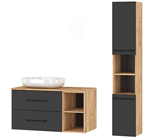 Planetmöbel Badmöbelset Waschtischunterschrank LUX 100 cm Gold Eiche/Anthrazit OHNE Waschbecken mit Hochschrank Gold Eiche/Anthrazit