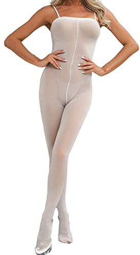 CHICTRY Women's 30D Oil Shiny Glossy Nylon Bodystocking Pantyhose Shoulder Strap Bodysuit Nightwear White One Size
