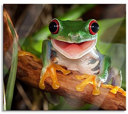 Lachender Frosch mit roten Augen auf Ast Herdabdeckplatte & Spritzschutz aus Echtglas | Für Herd-Kochfelder | 60x52 cm