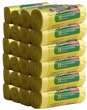 CSC - Sacchetti Spazzatura 30L con Laccetti, 480Pz, Sacchi Spazzatura 55x65cm per Pattumiera Sottolavello,Buste Spazzatura per Raccolta Differenziata Interno Antigoccia e Antiforo - 24 Rotoli, Giallo