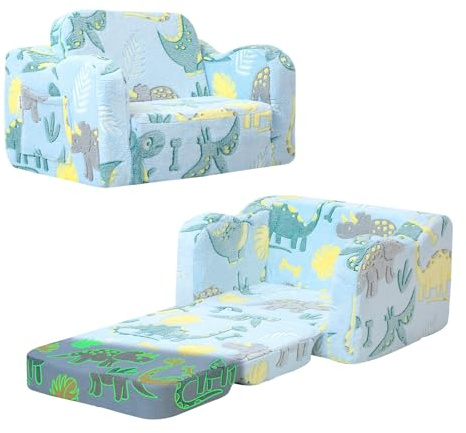 MeMoreCool Kids Couch Sofa, Folding Toddler Chair Bed, Soft Plush Fold Out Kids Armchair Sofa Glow in The Dark, Comfy Baby Recliner for Girls Boys, Glowing Dinosaur, Blue