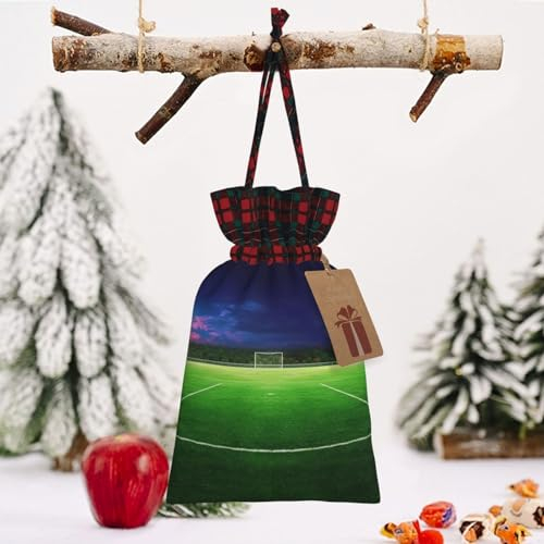 RLDOBOFE Weihnachtsgeschenktasche mit Fußballfeld-Druck, wiederverwendbar, Geschenktüten mit Geschenkanhänger, Stoffsäcke, für Weihnachten, Erntedankfest, Hochzeit, Party