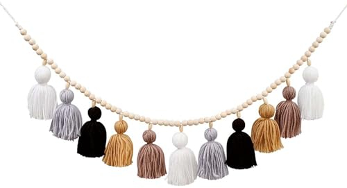 Herfair Makramee Boho Wandbehang, Holzperlen Quaste Girlande Fransengirlande Tapisserie Banner Wanddeko Wandteppich für Kinderzimmer Wanddekor Babyparty-Dekor (Grau)