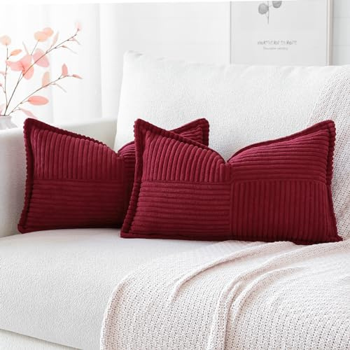 Artscope 2er Set Kordsamt Kissenbezüge Samtkissen Weich Dekokissen Dekorativ Kissenbezug Modern Kissenhülle Umwickelte Kante Sofakissen für Wohnzimmer Schlafzimmer Wein Rot, 40x60cm