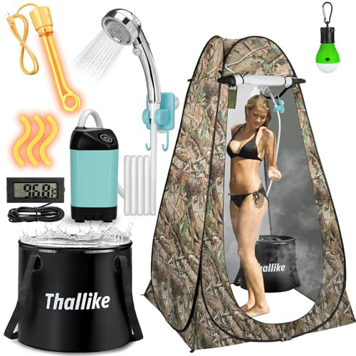 Thallike Portable Hot Shower for Camping Shower Tent Kit, 1000W Immersion Heater, Rechargeable Camping Shower Pump, Pop Up Shower Tent with 6.6 Gallons Folding Bucket for Adults Outdoor
