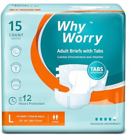 WhyWorry Adult Nappies for Women and Men, Disposable Adult Diapers for Incontinence with Overnight Absorbency, Odor Control, Unisex, Large, 15 Count