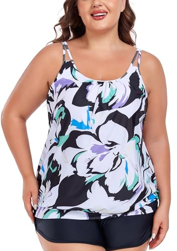 Ocean Blues Parte superior tankini de talla grande para mujer, ajuste holgado, tankini, Estampado Floral, 3XL Grande