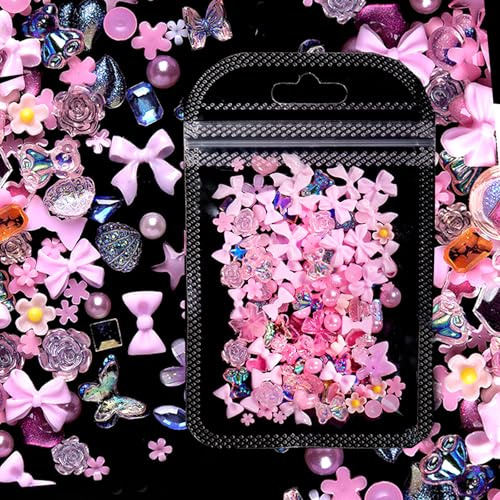 Bdfgh 200Pcs Nail Charms Pink Charms for Nails, 3D Nail Art Charms, DIY Nail Art Accessories Resin Bow Nail Char, Mixture Butterfly Nail Supplies Decorations Assorted Mixture