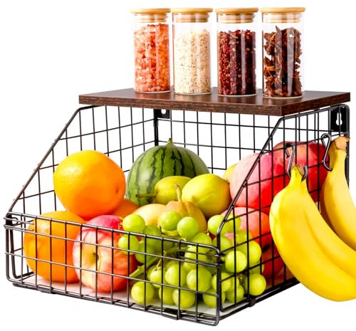 FoiiLiio Portafrutta Cesto Frutta da Tavolo Grande (30*30*20cm) Impilabile e Montabile a Parete Cestino Frutta Porta Frutta a Piani Cucina con Coperchio in Legno, Cestino Portafrutta Ripiani