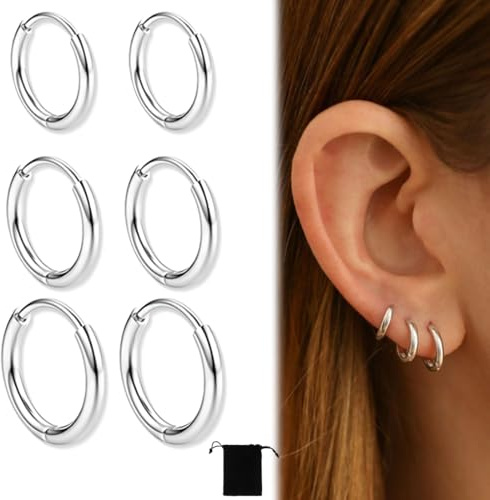 6 Paires Boucles d'Oreilles Créoles Argent 925, Boucle d Oreille Homme Anneaux, Boucle d'Oreille Femme Creole, Boucles d'Oreilles Femme, Boucle d Oreille Homme, 6/8/10 mm