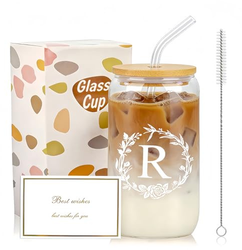 Dmnnlp A-Z Initial Personalised Gifts for Women, 16oz Iced Coffee Glass Cups with Lids, Straws, Brush & Card, Iced Coffee Birthday Gift Set for Women, Mum, Wife, Friends(R)