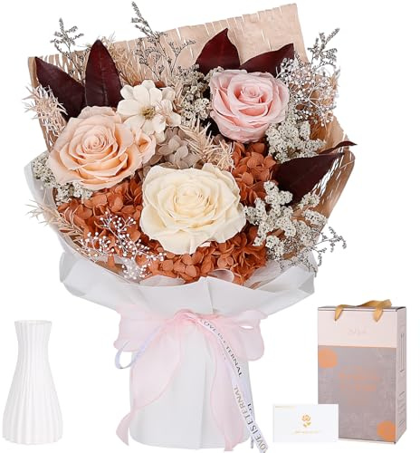 MAMAMIKO Preserved Bouquet of Flowers - Forever Flowers for Delivery, Real Eternal Roses, for Mom Grandma Wife, Anniversary Birthday Gifts for Women, Champagne