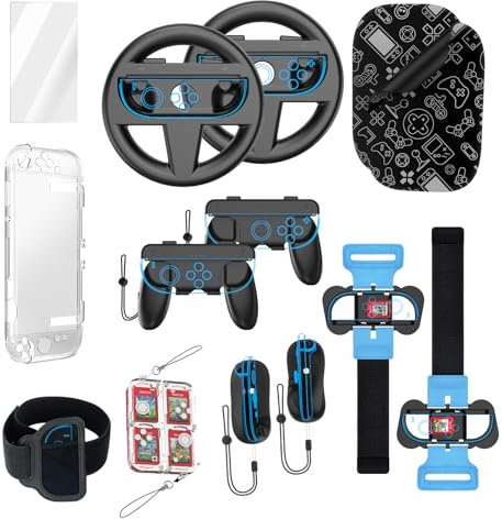 14-in-1 Sports Set Steering Wheel + Handle + Wrist Strap + Mouse + Crystal Case Tempered Glass Screen Protector Set Compatible for Switch 2