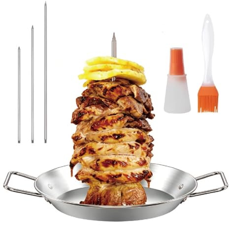 Soporte vertical para brochetas, máquina de kebab de acero inoxidable para barbacoa, con 3 tamaños diferentes de picos y cepillo para botella de aceite, para filetes, pollo, pescado, pavo, keebab de