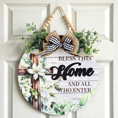 AceOrbit Welcome Sign for Front Door Bless This Home and All Who Enter Rustic Wood Wall Hanging Outdoor Decor Christian Fence Decorations Hanging Gift for Spring Summer All Seasons