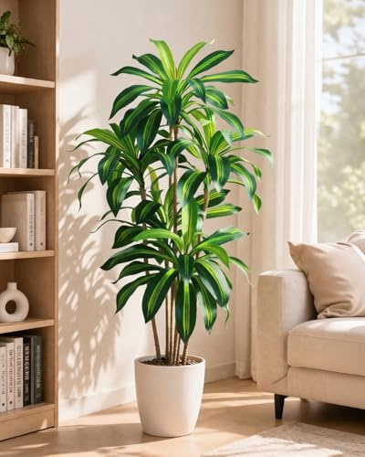 Artificial Dracaena Tree 5.2FT Tall, Lifelike Fake Tree Artificial Plants Indoor in Black Pot, Faux Floor Plant for Living Room Bedroom Office Hallway Corner Home Decor