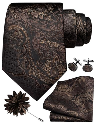Gusleson Brown Tie Set for Men Silk Paisley Necktie Pocket Square Cufflinks and Lapel Pin Brooch Set for Wedding (UK6114-15)
