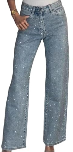 Jean large avec strass étincelants pour femme, tenue de cowgirl taille haute, ornement en cristal brillant, jambe droite, pantalon en denim, contrôle du ventre, jeans évasés à paillettes, bleu, XXL