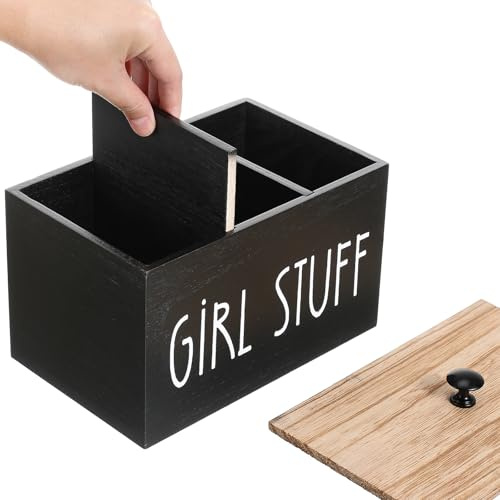 EXAOMBLE Scatola Porta Assorbenti Igienici Femminili in Legno Divisori Rimovibili e Coperchio Pratico, Organizer Raffinato per Prodotti Femminili in Bagno