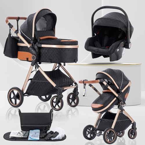 Lnhcrbs Baby Stroller 3 in 1, Stroller System Handle is Adjustable-Black | Travel Pushchair‘s Lie-Flat Pram is Foldable, the Wheels are Made of PU Material, Suitable for 0-3 Years
