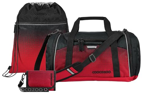 Coocazoo Zubehör-Set Blazing Fire 3-teilig, Sporttasche 20 l mit Nasswäschefach, Turnbeutel 10 l & Geldbörse, rot/schwarz, nachhaltig aus recyceltem Polyester