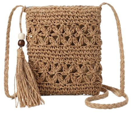 Grevosea Handwoven Crochet Bag for Women Summer, Boho Woven Macrame Tote Shoulder Purse with Tassels, Vacation Beach Casual Travel Handbag