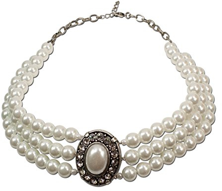 Heimatflüstern Trachtenkette Perlen 3-reihig - Damen Dirndlkette, Perlenkette mit Strass-Steinen für Trachtenbluse und Lederhose, Kropfkette fürs Oktoberfest Dirndl-Schmuck (creme-weiß)