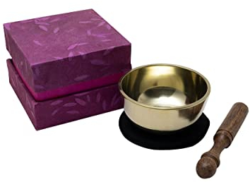 Geschenk-Box mit kleiner gegossener Klangschale I ca. 150 g I für Meditation & Achtsamkeit I Kindergarten u. Schule I Magentafarbene Geschenk-Box aus nachhaltigem Naturpapier I Inkl. Klöppel/Pad